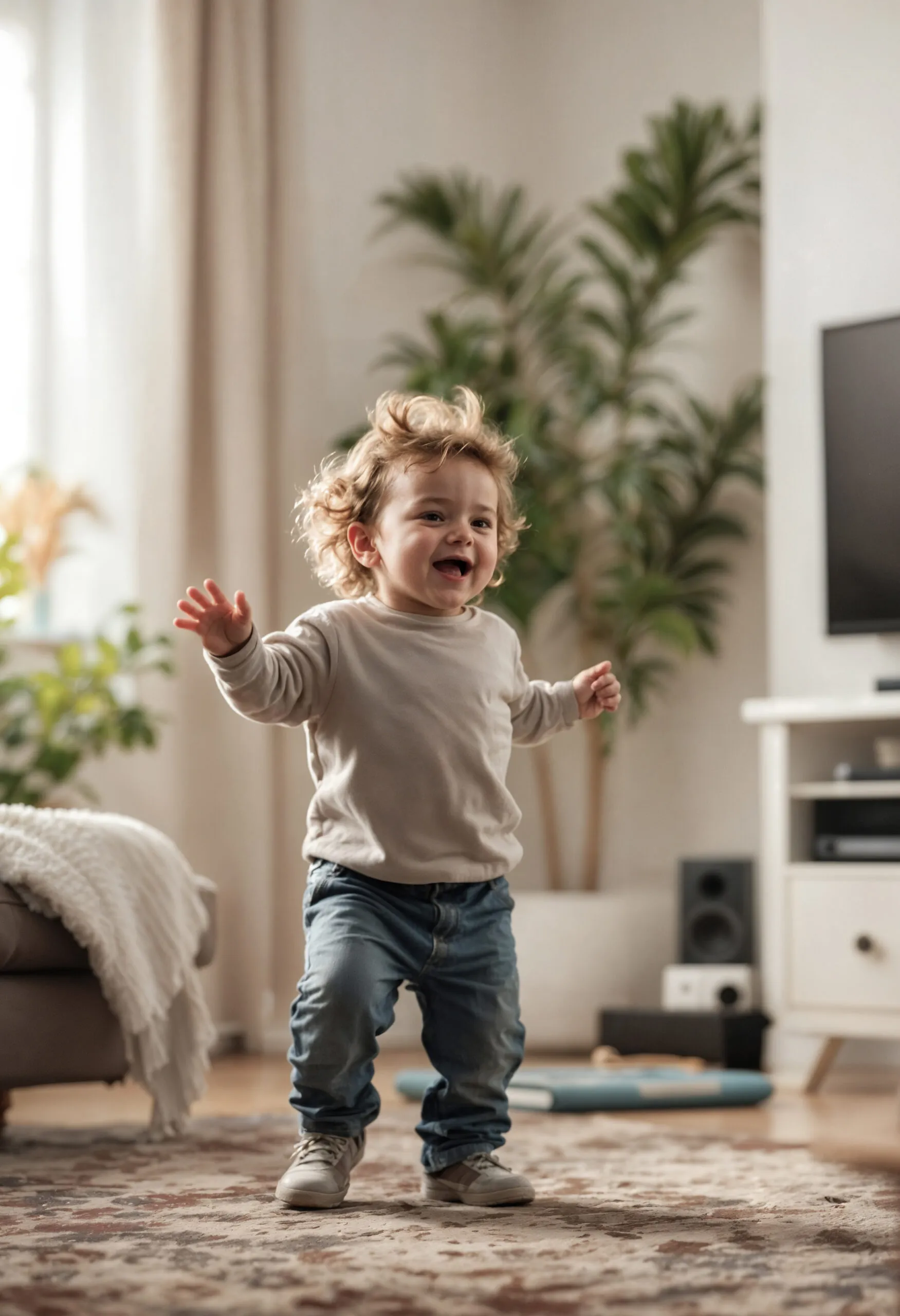 Happy toddler taking first steps